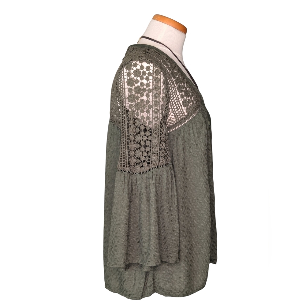 NWT LOVESTITCH Olive Green Sahara Mixed Lace Top Sz Small Rayon Flowy Boho Chic - Picture 14 of 17